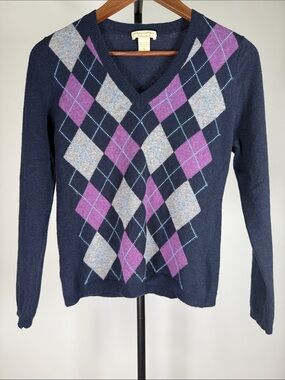 Simply Cashmere 100% Cashmere Argyle V-Neck Sweater Navy Blue Purple Gray Size M